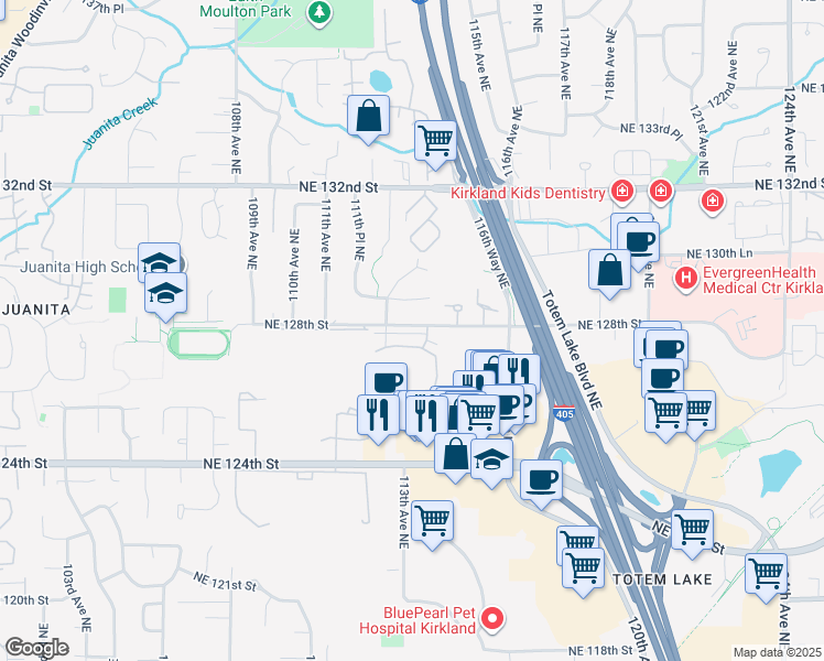 map of restaurants, bars, coffee shops, grocery stores, and more near 11307 Northeast 128th Street in Kirkland