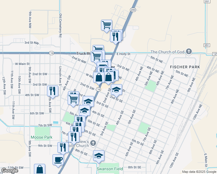 map of restaurants, bars, coffee shops, grocery stores, and more near 117 East Main Street in Sidney