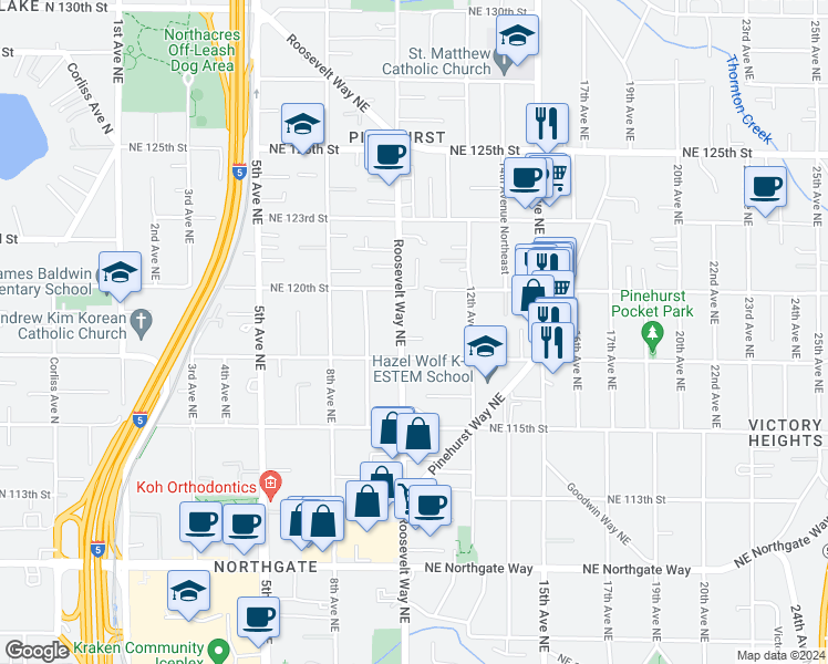 map of restaurants, bars, coffee shops, grocery stores, and more near 11720 Roosevelt Way Northeast in Seattle