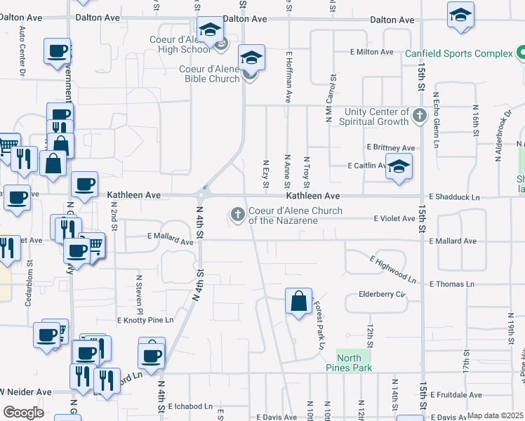 map of restaurants, bars, coffee shops, grocery stores, and more near 4815 North Ezy Street in Coeur d'Alene