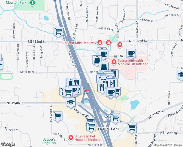 map of restaurants, bars, coffee shops, grocery stores, and more near 11800 Northeast 128th Street in Kirkland