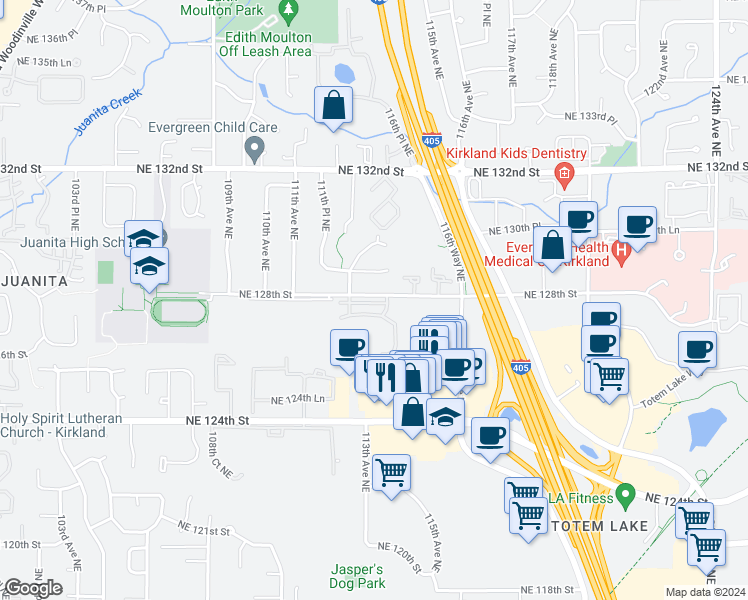 map of restaurants, bars, coffee shops, grocery stores, and more near 11308 Northeast 128th Street in Kirkland
