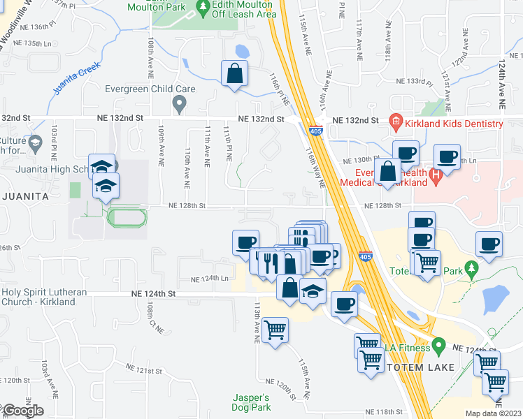map of restaurants, bars, coffee shops, grocery stores, and more near 11308 Northeast 128th Street in Kirkland
