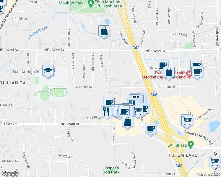 map of restaurants, bars, coffee shops, grocery stores, and more near 12805 112th Place Northeast in Kirkland