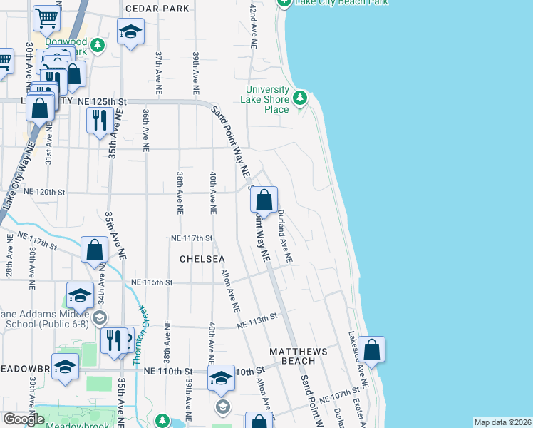 map of restaurants, bars, coffee shops, grocery stores, and more near 11751 Exeter Avenue Northeast in Seattle