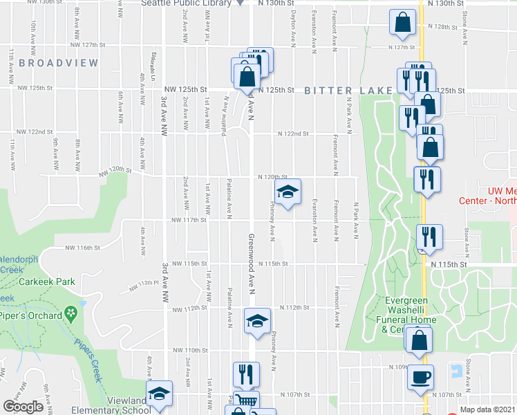 map of restaurants, bars, coffee shops, grocery stores, and more near 11726 Greenwood Avenue North in Seattle