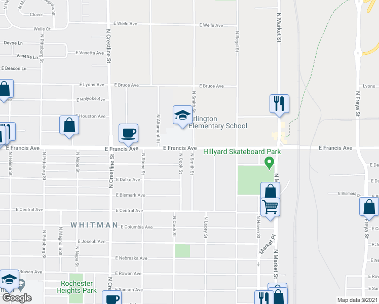 map of restaurants, bars, coffee shops, grocery stores, and more near 6225 North Smith Street in Spokane