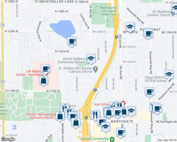 map of restaurants, bars, coffee shops, grocery stores, and more near 11725 1st Avenue Northeast in Seattle