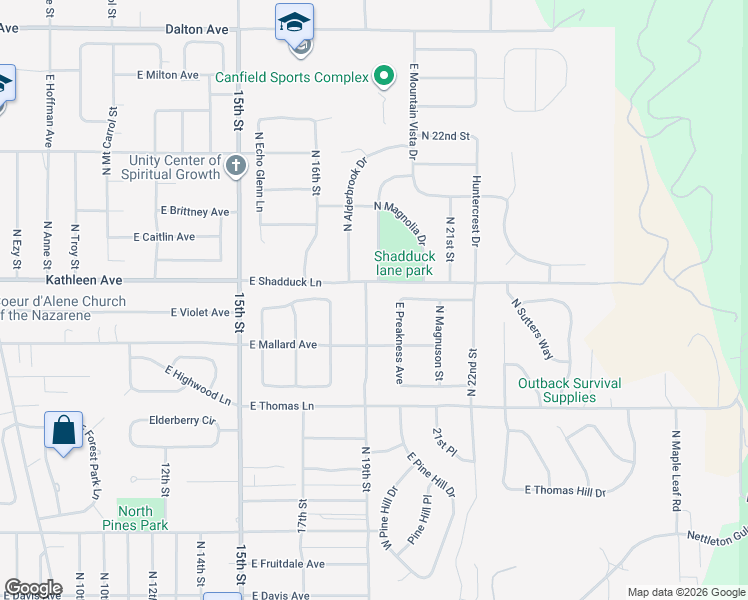 map of restaurants, bars, coffee shops, grocery stores, and more near 3957 North 19th Street in Coeur d'Alene