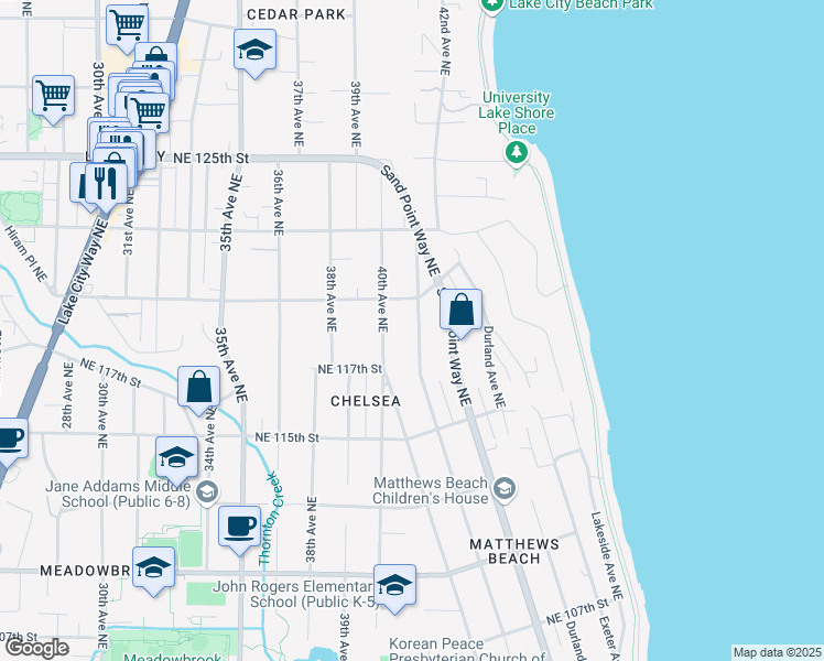 map of restaurants, bars, coffee shops, grocery stores, and more near 11733 Bartlett Avenue Northeast in Seattle