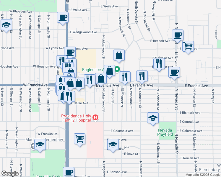 map of restaurants, bars, coffee shops, grocery stores, and more near 322 East Francis Avenue in Spokane
