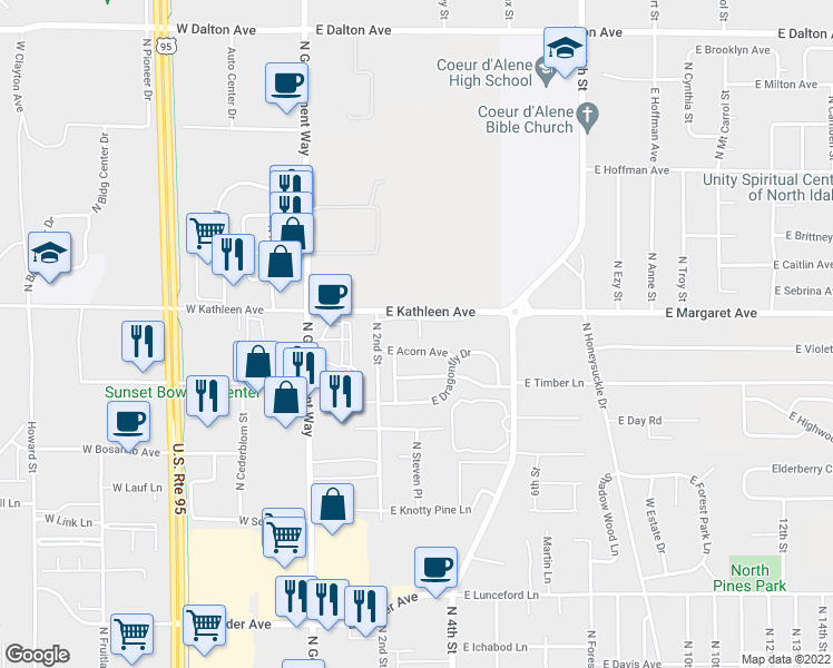 map of restaurants, bars, coffee shops, grocery stores, and more near 260 East Kathleen Avenue in Coeur d'Alene