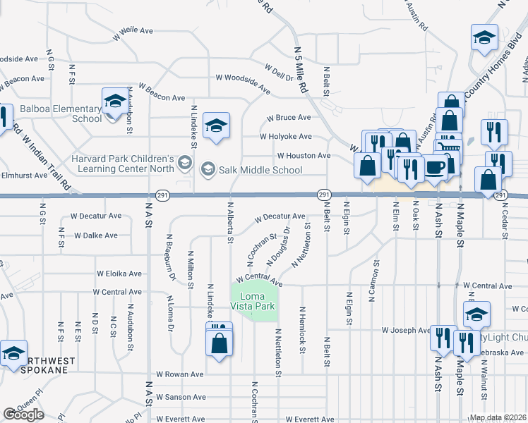 map of restaurants, bars, coffee shops, grocery stores, and more near 2439 West Francis Avenue in Spokane