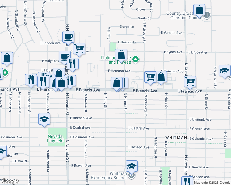 map of restaurants, bars, coffee shops, grocery stores, and more near 1504 East Francis Avenue in Spokane