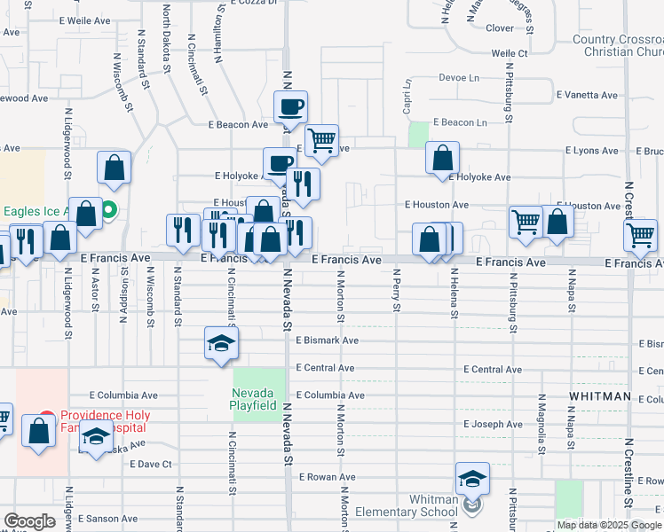 map of restaurants, bars, coffee shops, grocery stores, and more near 1124 East Francis Avenue in Spokane