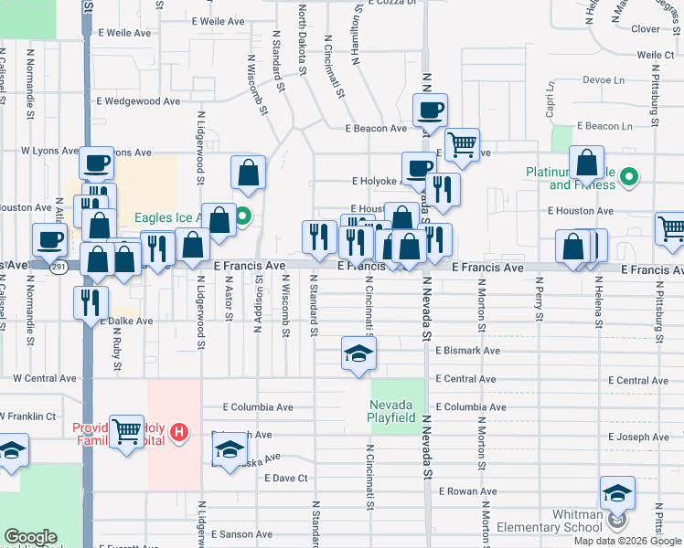 map of restaurants, bars, coffee shops, grocery stores, and more near 628 East Francis Avenue in Spokane