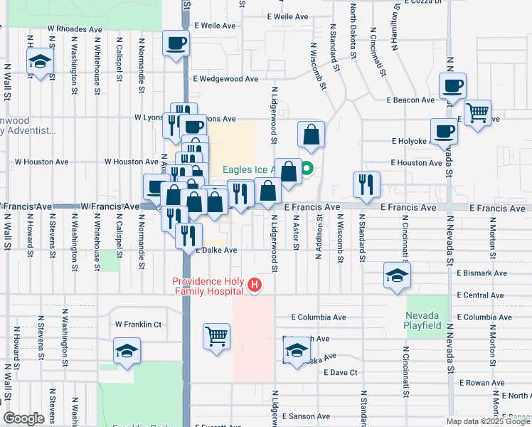 map of restaurants, bars, coffee shops, grocery stores, and more near 220 East Francis Avenue in Spokane