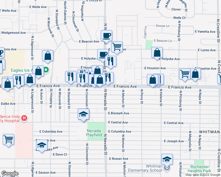 map of restaurants, bars, coffee shops, grocery stores, and more near 1012 East Francis Avenue in Spokane