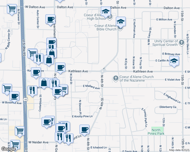 map of restaurants, bars, coffee shops, grocery stores, and more near 380 East Kathleen Avenue in Coeur d'Alene