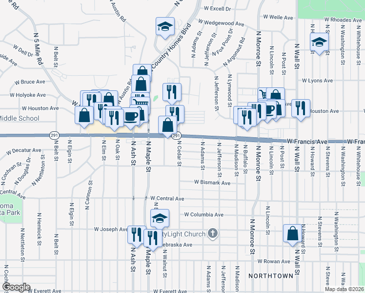 map of restaurants, bars, coffee shops, grocery stores, and more near 6222 North Cedar Street in Spokane