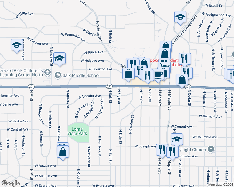 map of restaurants, bars, coffee shops, grocery stores, and more near 6215 North Elgin Street in Spokane