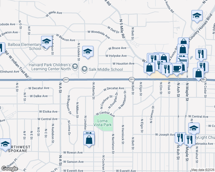 map of restaurants, bars, coffee shops, grocery stores, and more near 2439 West Francis Avenue in Spokane