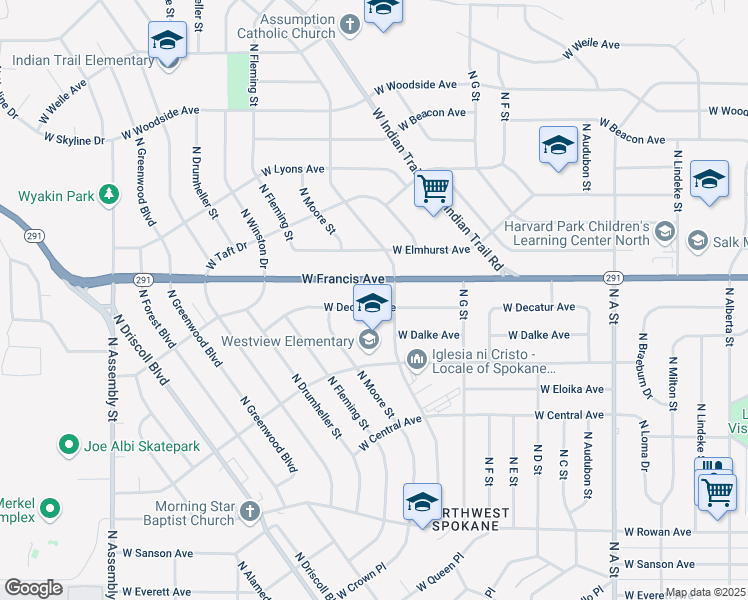 map of restaurants, bars, coffee shops, grocery stores, and more near 3603 West Francis Avenue in Spokane
