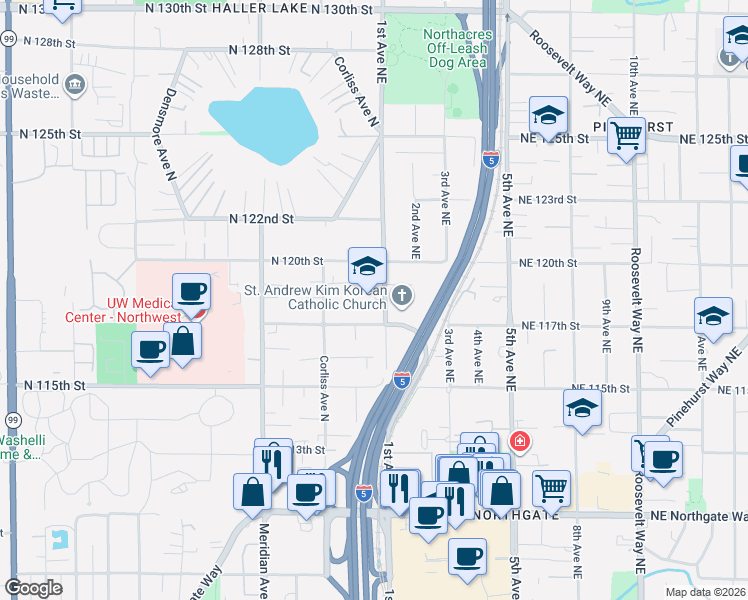 map of restaurants, bars, coffee shops, grocery stores, and more near 11725 1st Avenue Northeast in Seattle