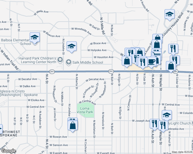 map of restaurants, bars, coffee shops, grocery stores, and more near 2406 West Decatur Avenue in Spokane