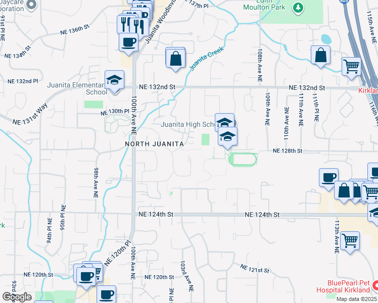 map of restaurants, bars, coffee shops, grocery stores, and more near in Kirkland