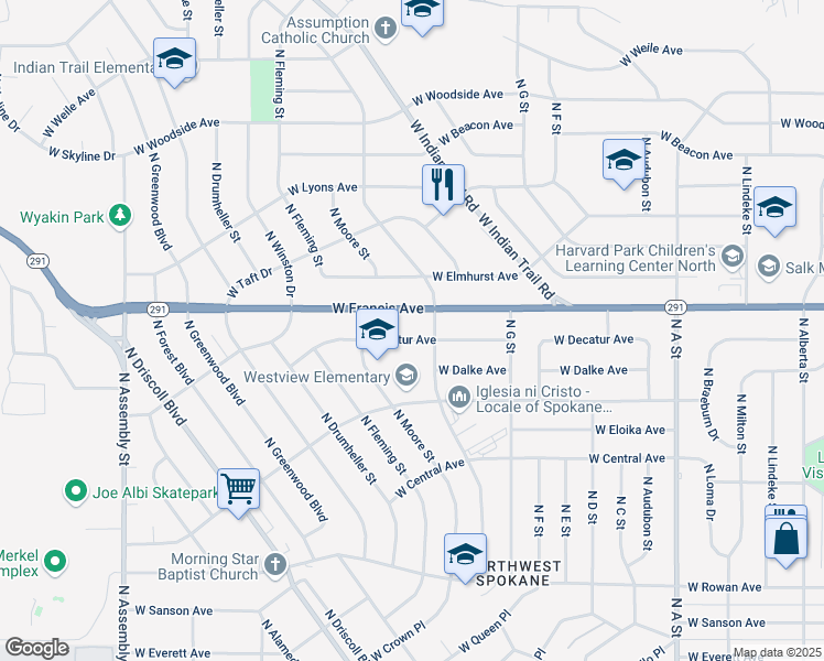 map of restaurants, bars, coffee shops, grocery stores, and more near 3603 West Francis Avenue in Spokane
