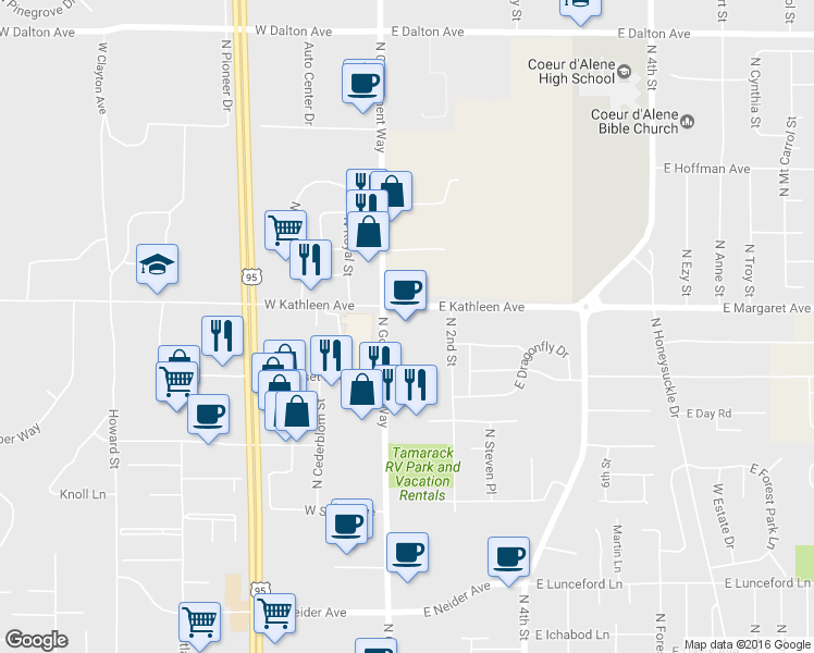 map of restaurants, bars, coffee shops, grocery stores, and more near 3840 North Government Way in Coeur d'Alene