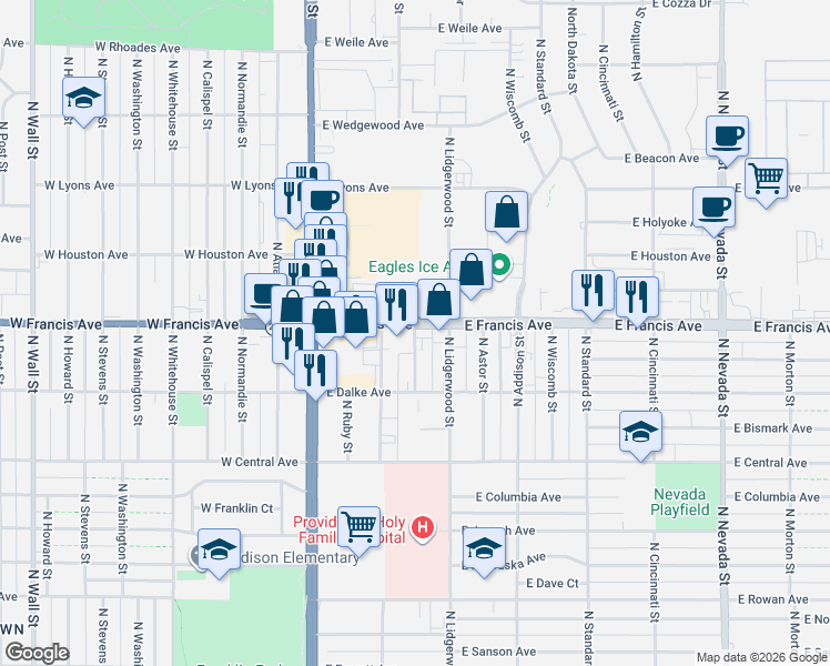 map of restaurants, bars, coffee shops, grocery stores, and more near 6801 North Colton Street in Spokane