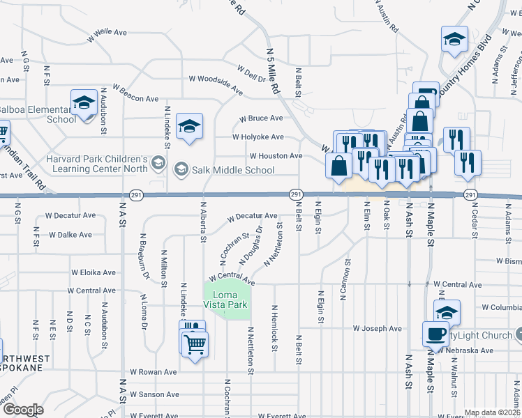 map of restaurants, bars, coffee shops, grocery stores, and more near 2406 West Decatur Avenue in Spokane