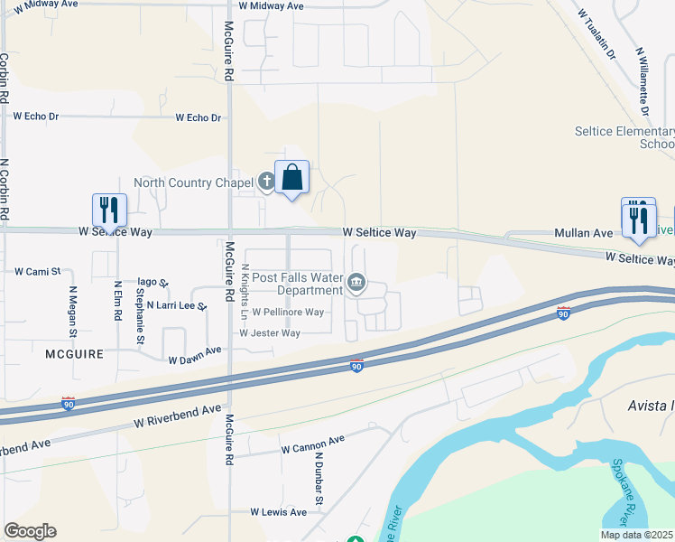 map of restaurants, bars, coffee shops, grocery stores, and more near 821 North Lancelot Lane in Post Falls