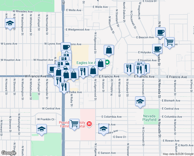 map of restaurants, bars, coffee shops, grocery stores, and more near 322 East Francis Avenue in Spokane