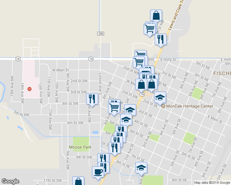 map of restaurants, bars, coffee shops, grocery stores, and more near 209 3rd Avenue Southwest in Sidney