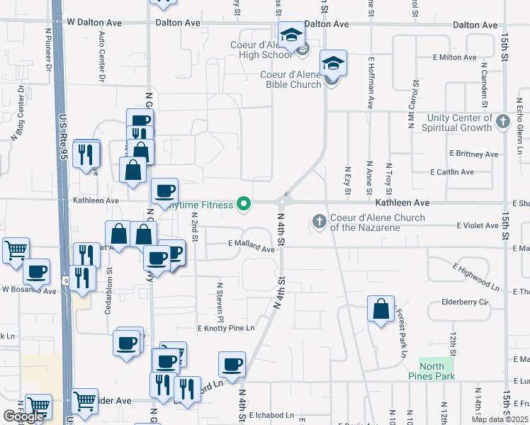 map of restaurants, bars, coffee shops, grocery stores, and more near 380 East Kathleen Avenue in Coeur d'Alene
