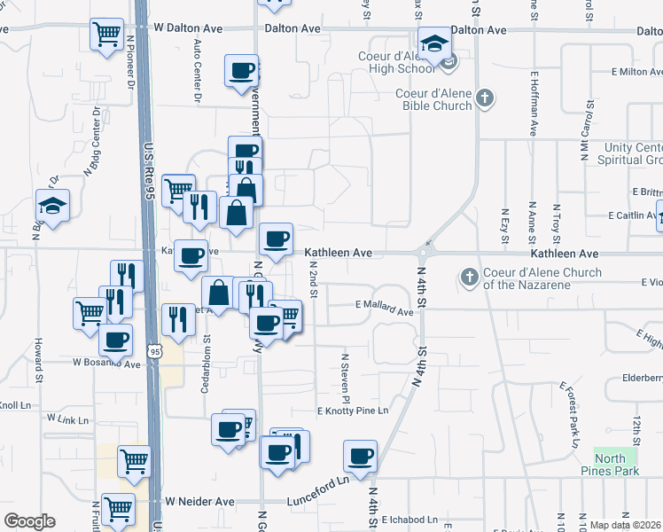 map of restaurants, bars, coffee shops, grocery stores, and more near 260 East Kathleen Avenue in Coeur d'Alene