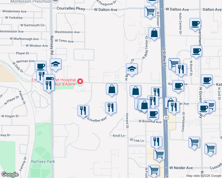 map of restaurants, bars, coffee shops, grocery stores, and more near 3932 North Schreiber Way in Coeur d'Alene