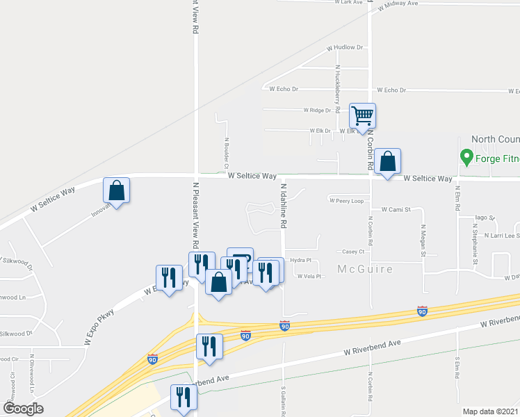 map of restaurants, bars, coffee shops, grocery stores, and more near 3819 Chukar Loop in Post Falls