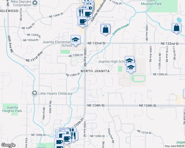 map of restaurants, bars, coffee shops, grocery stores, and more near 10026 Northeast 127th Place in Kirkland