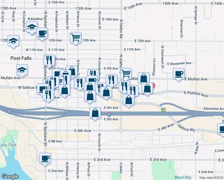 map of restaurants, bars, coffee shops, grocery stores, and more near 700 East 8th Avenue in Post Falls