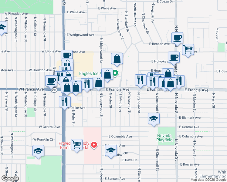 map of restaurants, bars, coffee shops, grocery stores, and more near in Spokane