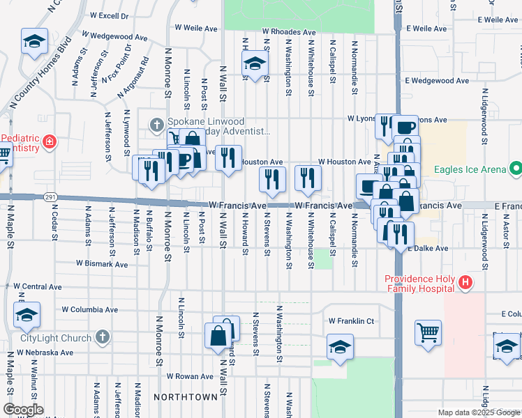 map of restaurants, bars, coffee shops, grocery stores, and more near 6227 North Stevens Street in Spokane