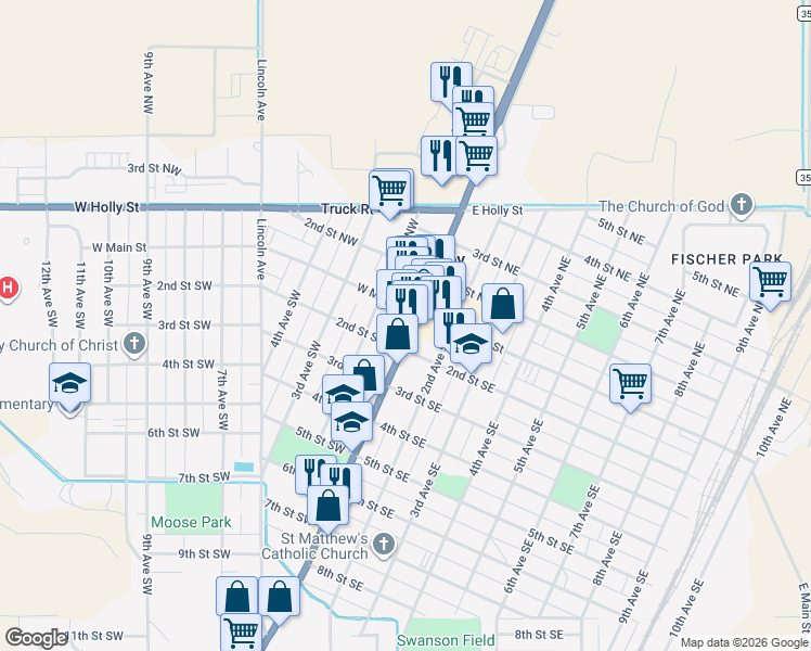 map of restaurants, bars, coffee shops, grocery stores, and more near 114 West Main Street in Sidney