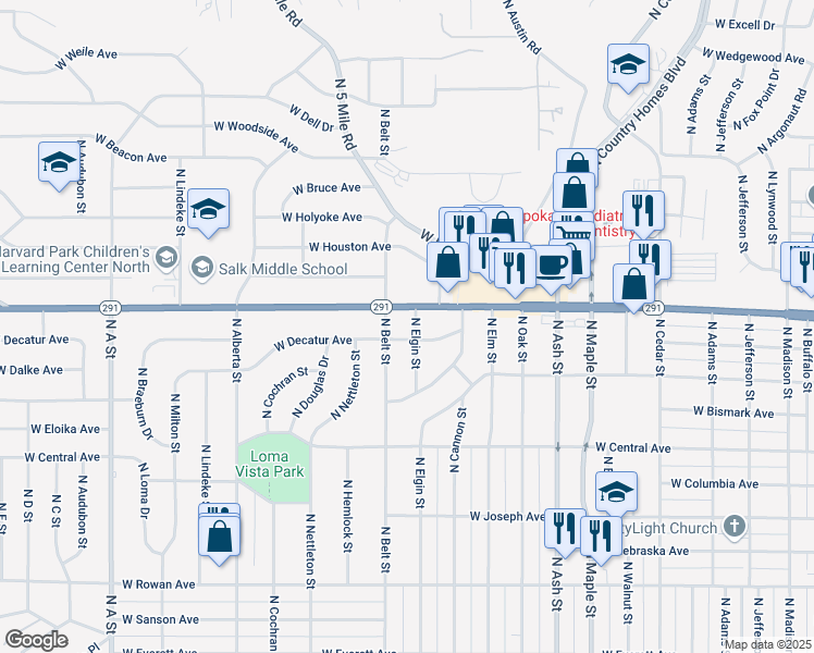 map of restaurants, bars, coffee shops, grocery stores, and more near 6215 North Elgin Street in Spokane