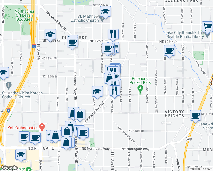 map of restaurants, bars, coffee shops, grocery stores, and more near 1240 Northeast 117th Street in Seattle