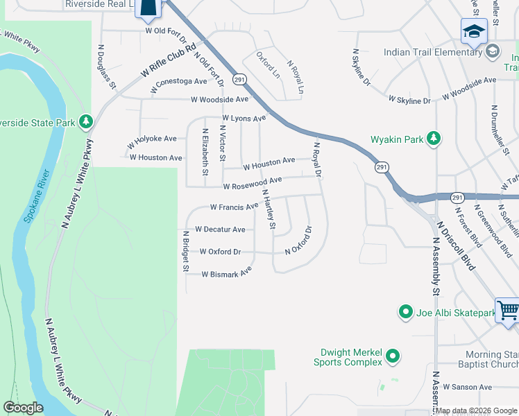 map of restaurants, bars, coffee shops, grocery stores, and more near 6208 West Francis Avenue in Spokane