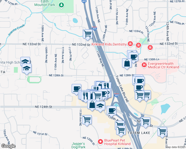 map of restaurants, bars, coffee shops, grocery stores, and more near 11420 Northeast 128th Street in Kirkland